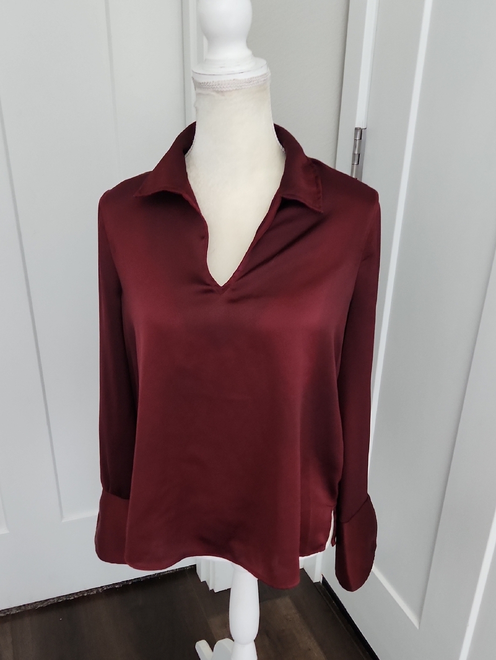 Vince Camuto Satin Burgundy Open V Collar Blouse